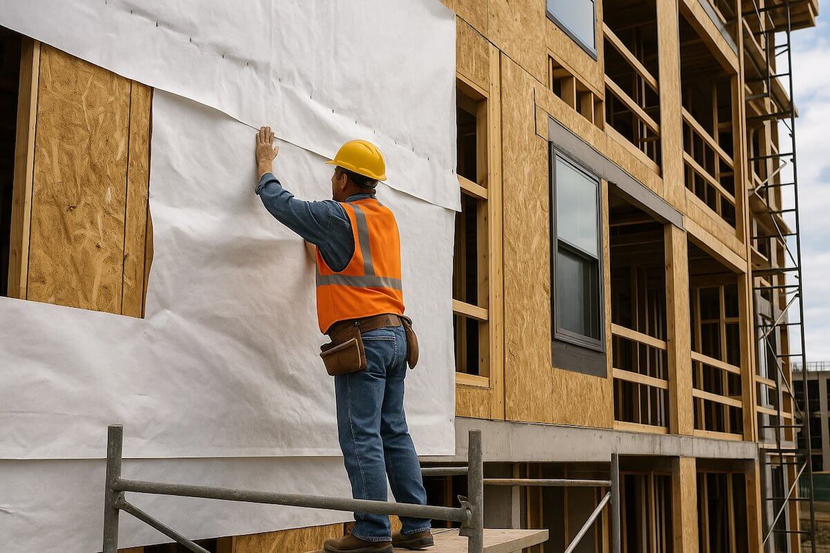construction worker applying weather barriers to plywood on the side of a building