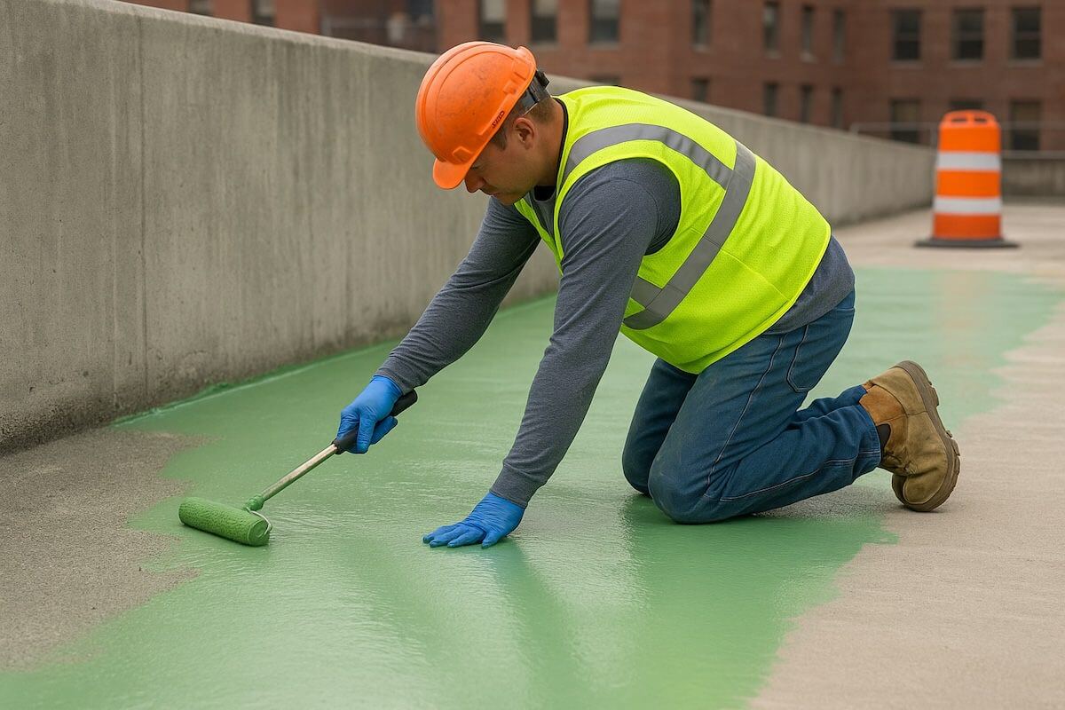 construction worker applying liquid membrane waterproofing to walkway