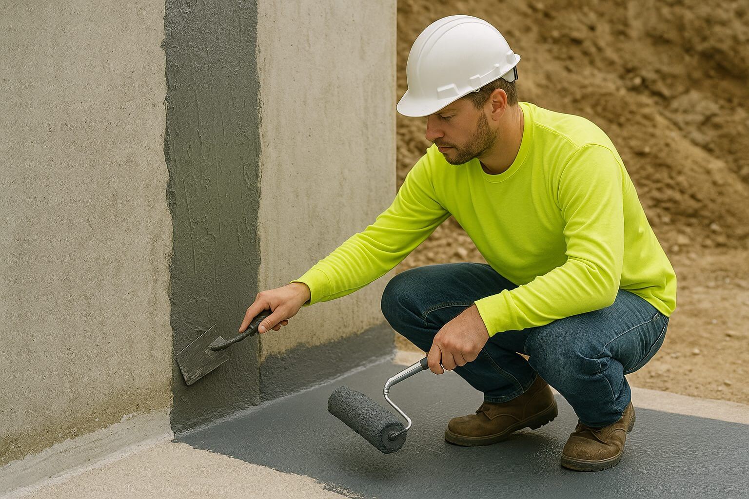 construction worker applying waterproofing to concrete outside of a building