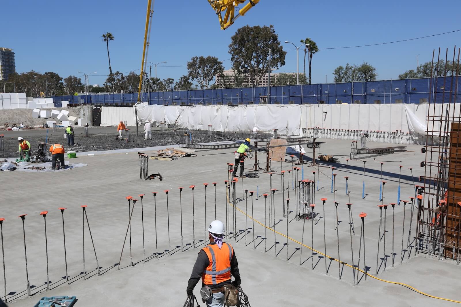 Foundation layout with rebar and waterproofing preparation for concrete slab installation